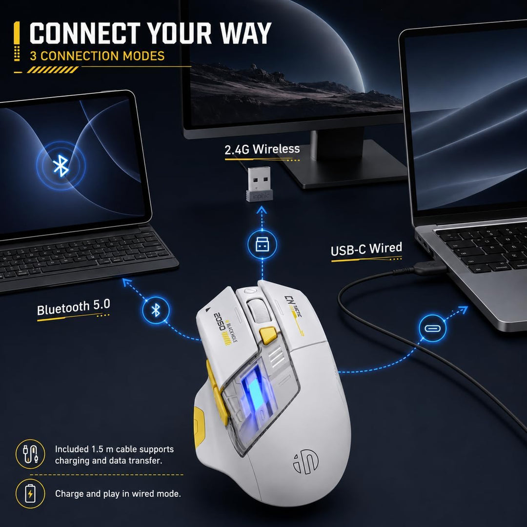 INPHIC A9 Explorer Bluetooth-Maus, Dual-Mode Bluetooth 5.0/2.4G, 2400 DPI, sichtbare Batterieanzeige
