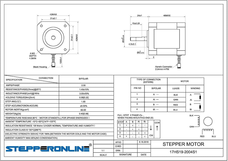 STEPPERONLINE 5 Stücke Nema 17 Schrittmotor/Stepper Motor Bipolar 59Ncm 2A 4 Drähte w/ 1m Kabel & Ve