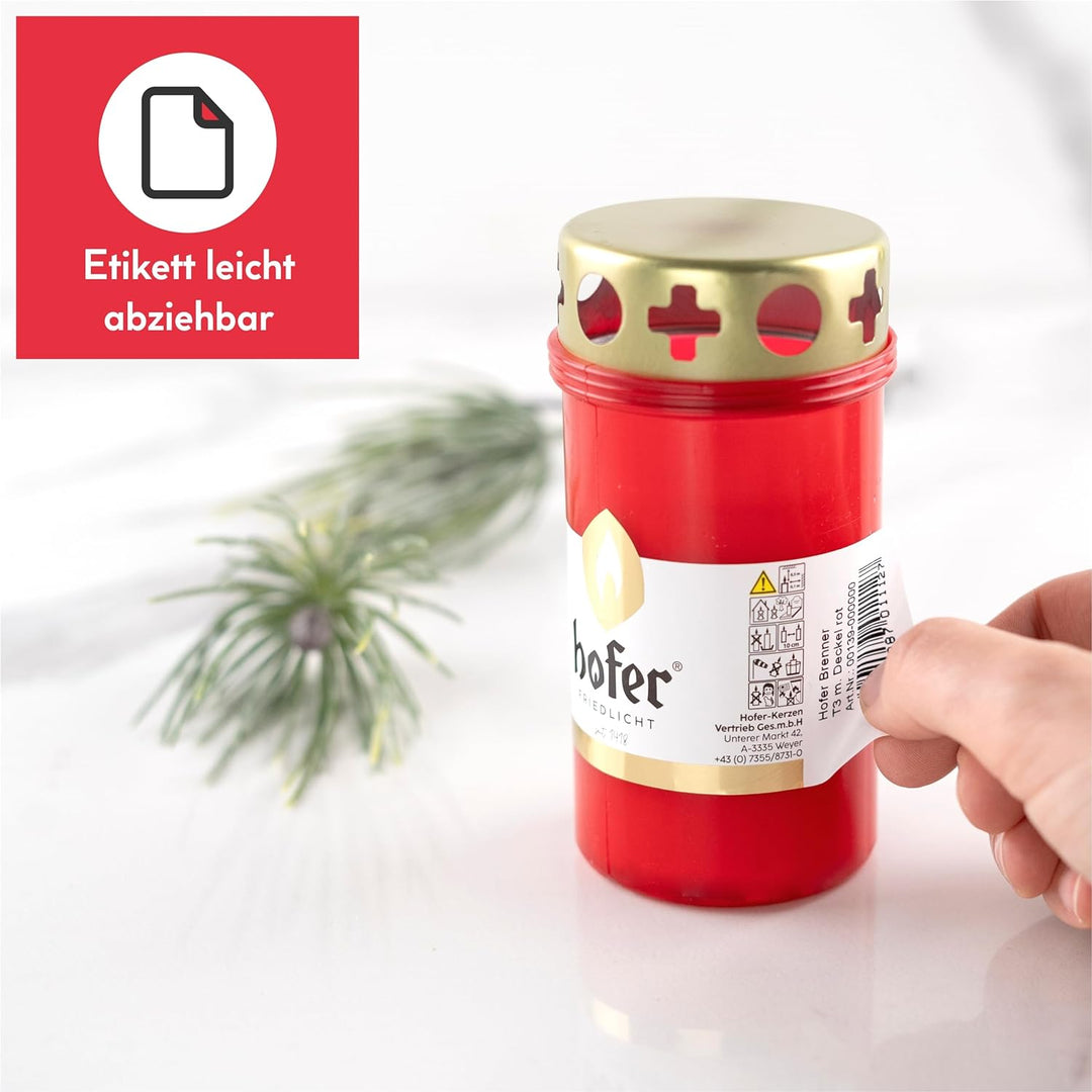 20er Set HOFER GRABKERZEN klein mit Deckel [rot] 46 bis 54 Std. Brenndauer | Trauerkerzen mit Deckel