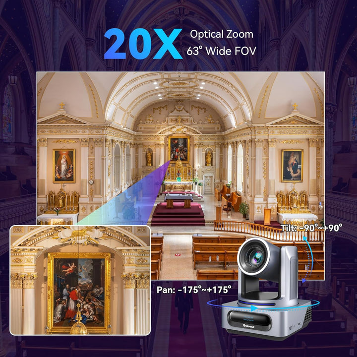 Tenveo 4K PTZ-Kamera mit NDI, AI-Auto-Tracking, 20-Fach Optischer Zoom, 3G-SDI USB3.0 HDMI LAN PoE A
