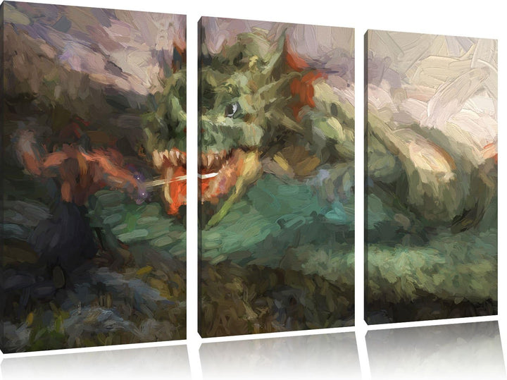 Pixxprint Drache kämpft gegen Krieger / 3-Teilig/Gesamtmass 120cm Leinwandbild bespannt auf Holzrahm