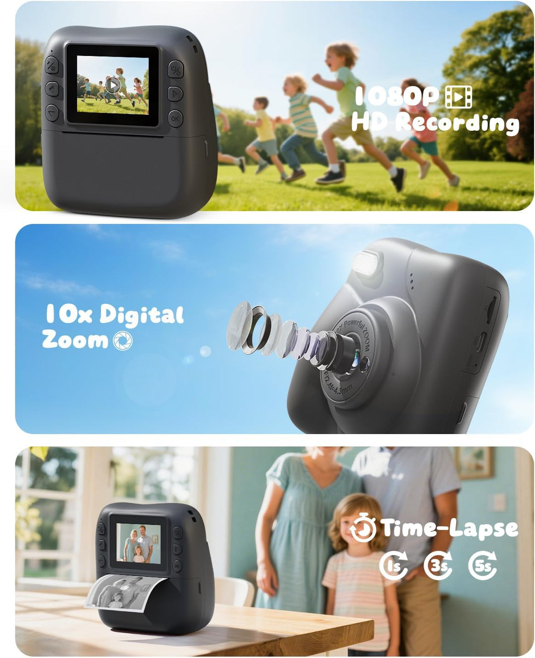 CAMCLID Kinderkamera Sofortbildkamera, 1080P Sofortbildkamera Kinder mit 32GB Karte & 3 Rollen Druck