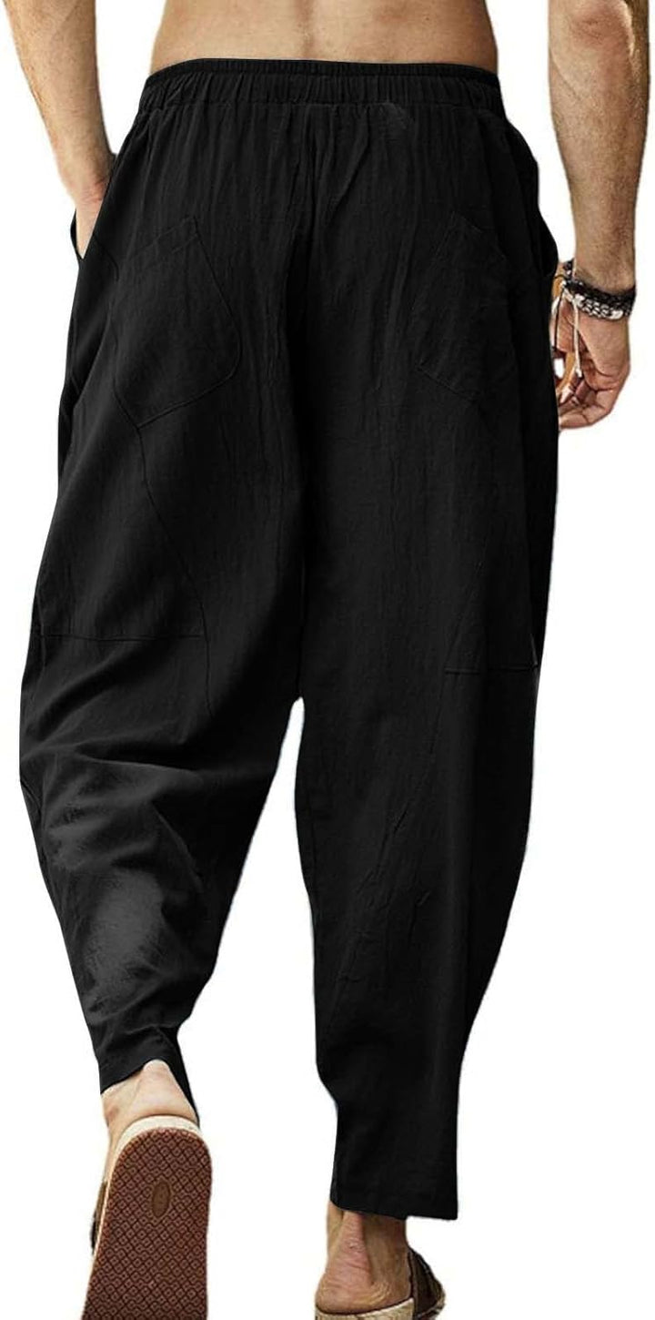 Leinenhose Herren Sommerhose Herren Leicht Yogahose Freizeithose mit Elastische Gürtel L Schwarz, L