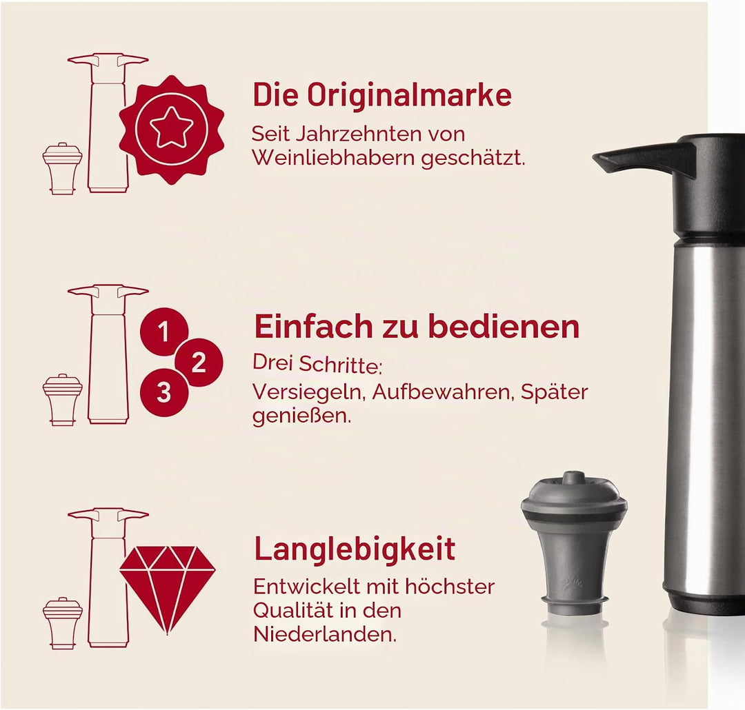 Vacu Vin Weinpumpe Edelstahl mit 2 Vakuumstopfen – Premium Wein Konservierer – Handpumpe zur Luftent