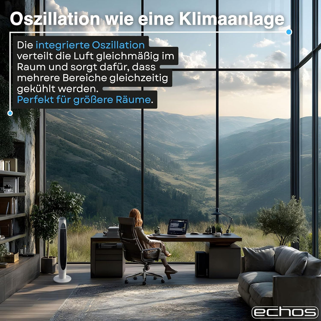 Echos Turmventilator | 3 Stufen | 3 Modi | 60 Watt | 8 Timer | Luftkühler | Fernbedienung | LED-Leuc