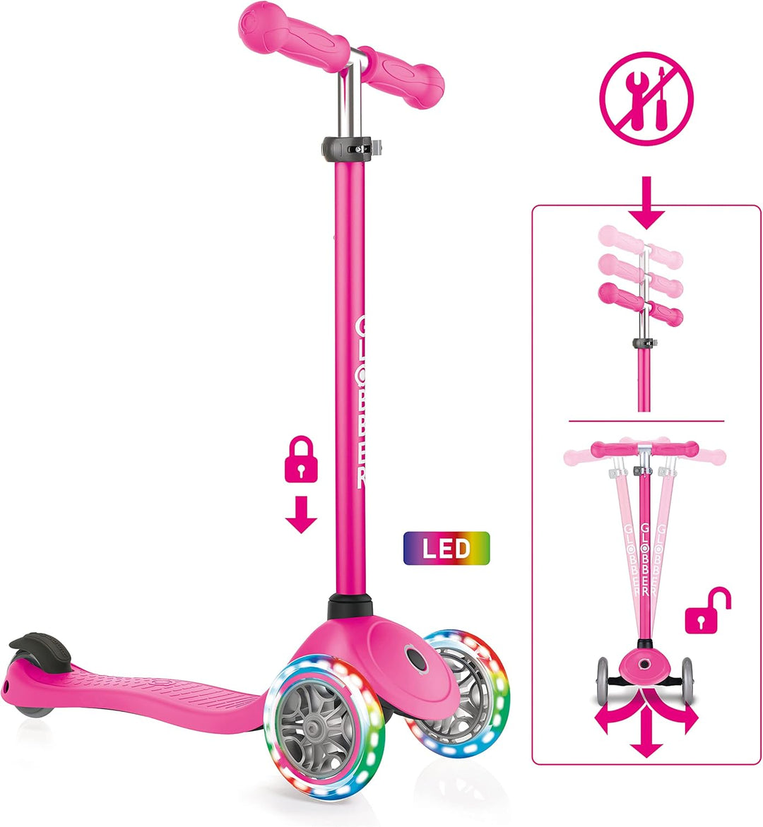 Globber Primo Lights – Tretroller Kinder, 120/80 mm, ABEC 5, 3-rädrig, höhenverstellbar, LED-Leuchtr