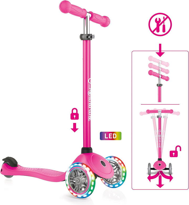 Globber Primo Lights – Tretroller Kinder, 120/80 mm, ABEC 5, 3-rädrig, höhenverstellbar, LED-Leuchtr