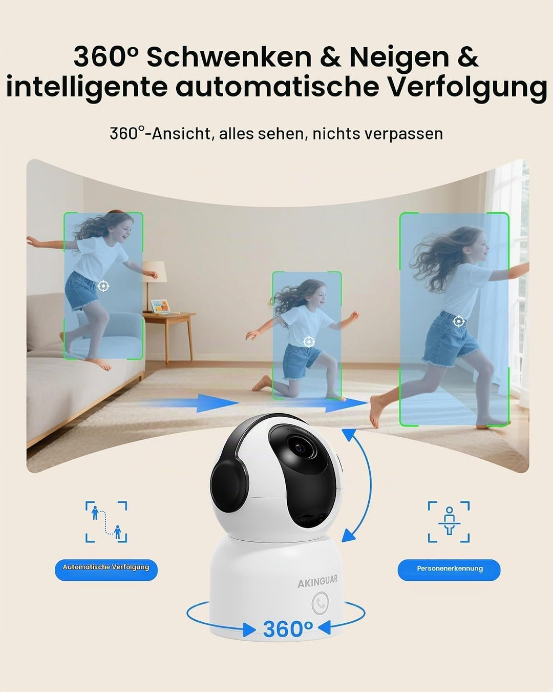 2K 3MP Überwachungskamera Innen, 2,4/5GHz WiFi,360° PT Innenkamera mit 32GB Karte,mit IR Nachtsicht,