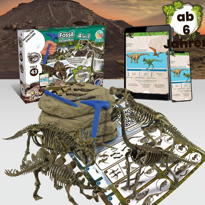 Science4you Dino Ausgrabungsset 4 in 1 für Kinder - Dino Spielzeug, 4 Dinosaurier Ausgraben - Fossil