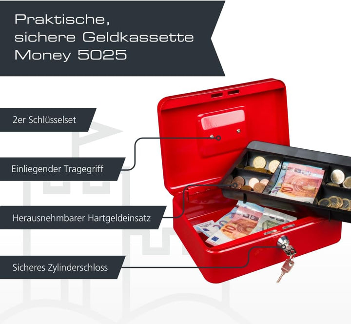 Burg-Wächter Geldkassette abschliessbar mit Schlüssel und Hartgeldeinsatz, Stahlblech, Money 5025, R