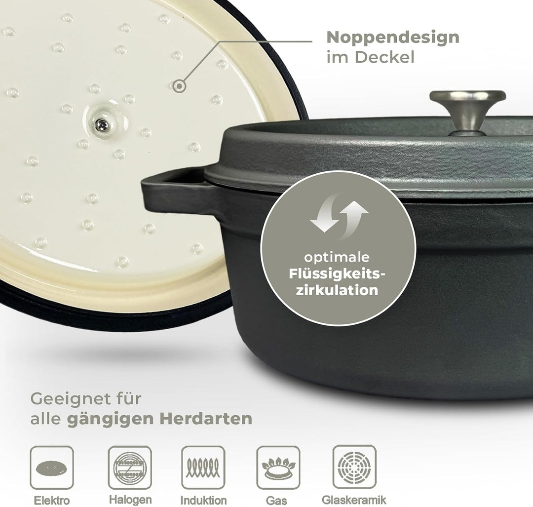 Bräter oval Gusseisen Schmortopf mit Tropfdeckel dunkelgrau 33 cm oval dunkelgrau, oval dunkelgrau