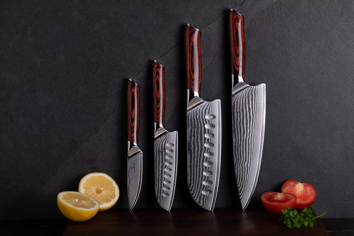 Wolfblood 4er Damastmesser Set (32, 30, 24 und 21 cm) TÜV geprüfter 62 HRC Damaststahl aus 67 Lagen