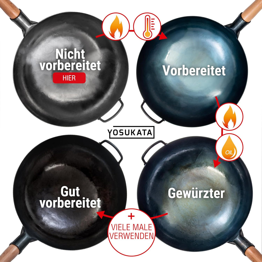 YOSUKATA Karbonstahl Woks & Wokpfannen - 36 cm Handgehämmerter Wok Pfanne Carbonstahl Runder Boden -
