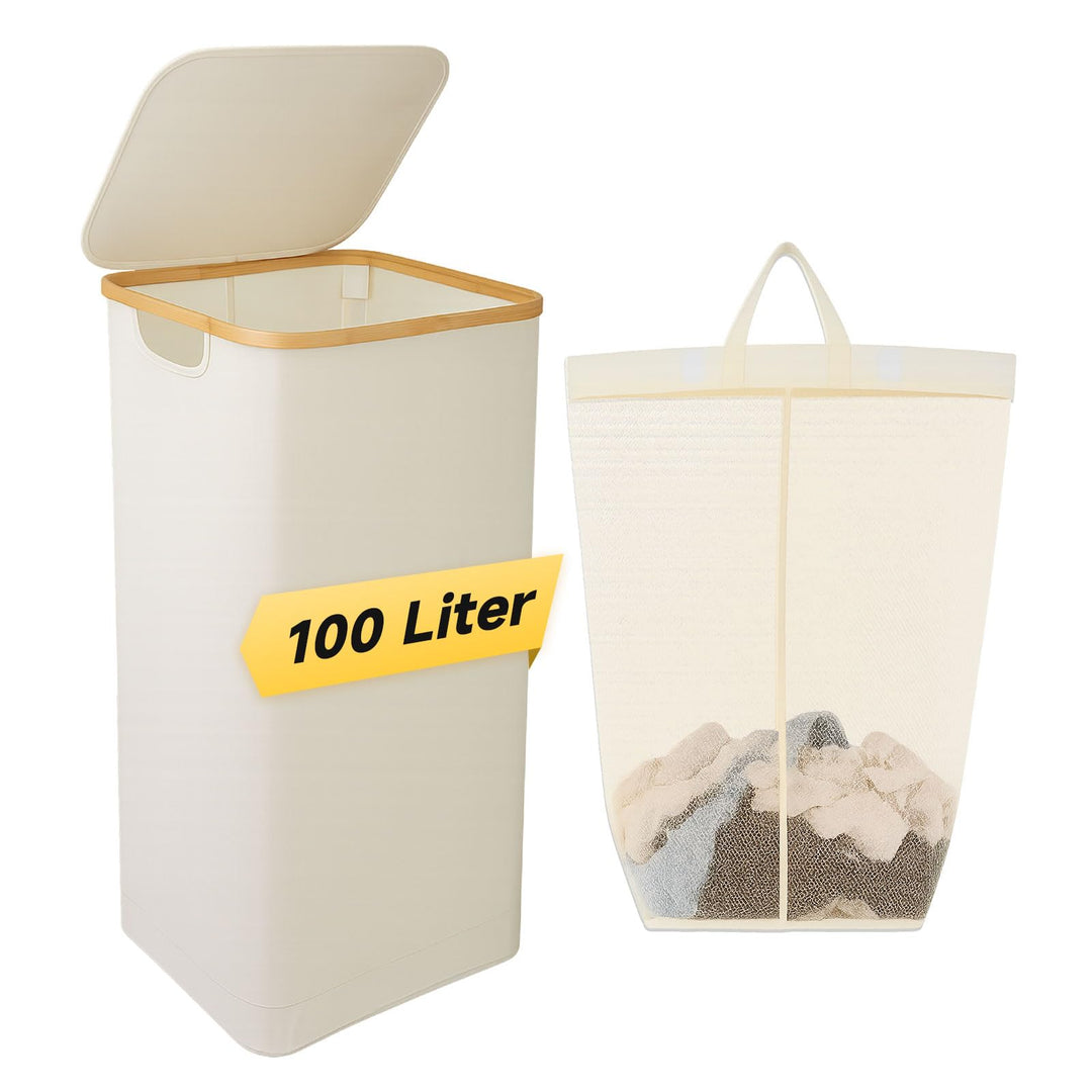 100L Extra grosser faltbarer Wäschekorb mit Deckel - Wäschekorb für schmutzige Kleidung & zusammenkl