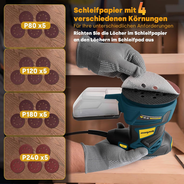 Enventor Exzenterschleifer 125mm, 350W Schleifmaschine 6000-13000 OPM, 6 Gänge, Multischleifer mit A