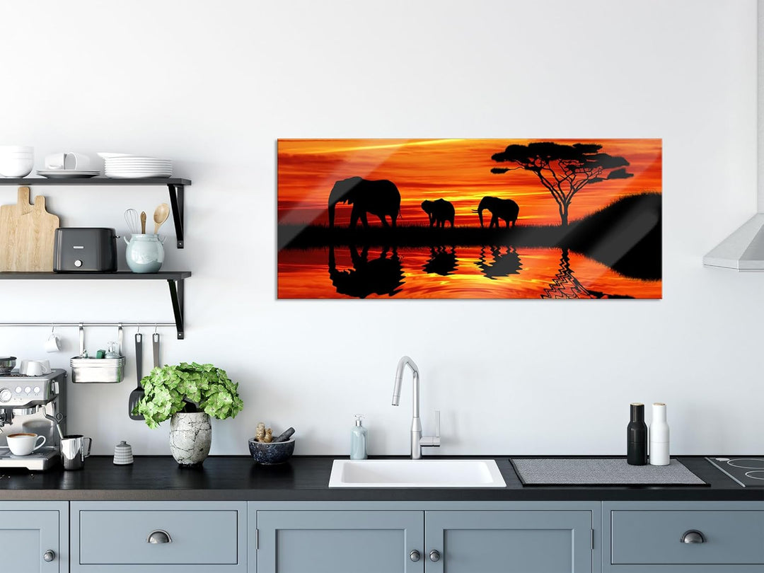 Glasbild Panorama | Wandbild aus Echtglas | Afrika Elefant in Sonnenschein | 120x50 cm | inkl. Aufhä