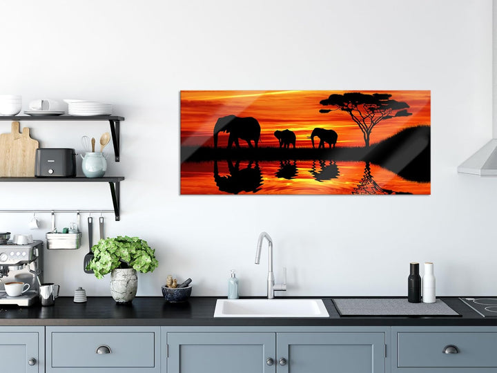 Glasbild Panorama | Wandbild aus Echtglas | Afrika Elefant in Sonnenschein | 120x50 cm | inkl. Aufhä