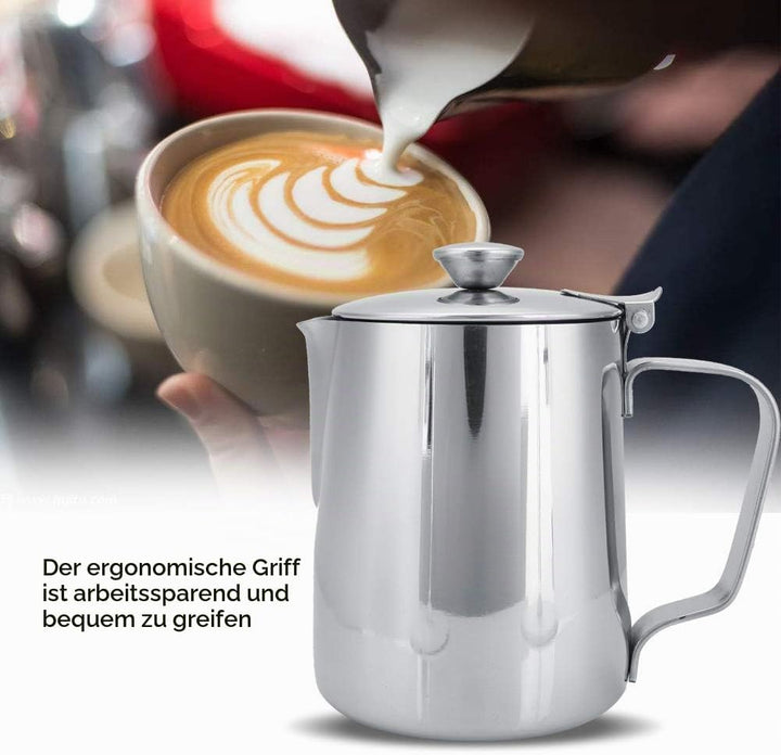 MAGT Milchkännchen mit Deckel, Edelstahl Milchkanne 350ml Kaffeekanne Edelstahl Milchschaumkännchen