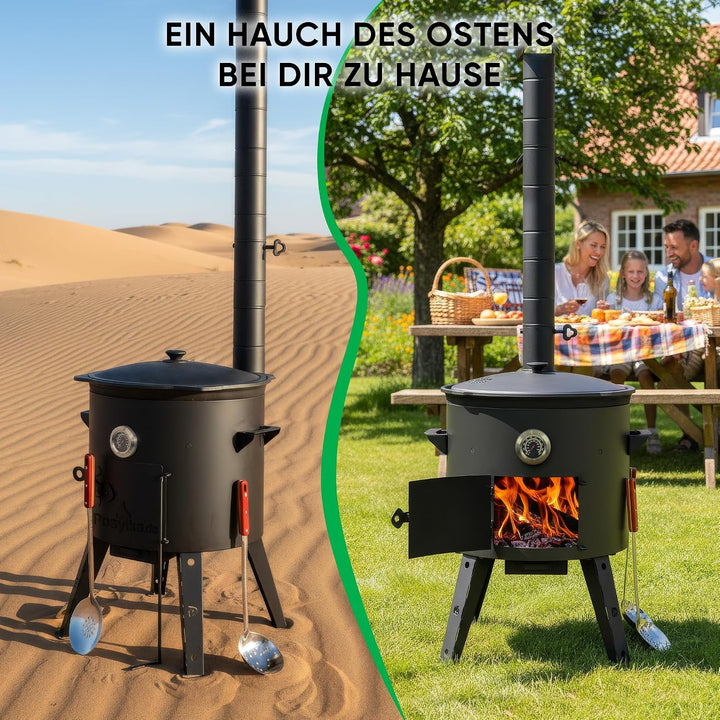 Gusseisen Kazan 16 L Kasan Казан mit Feuerofen Utschak Ø 44 cm flacher Boden Verlängerungsrohr Schöp