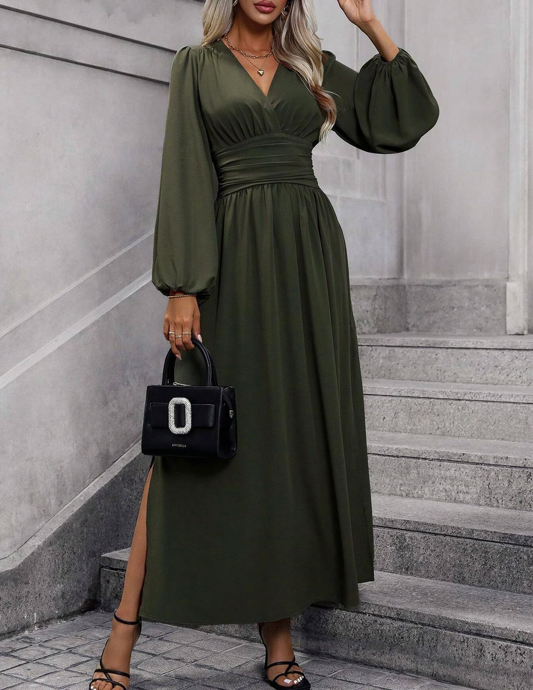 Damen Kleid 2.0 Elegant Langarm V-Ausschnit Tunika Maxikleider Casual Hohe Taille Saumschlitz Cockta