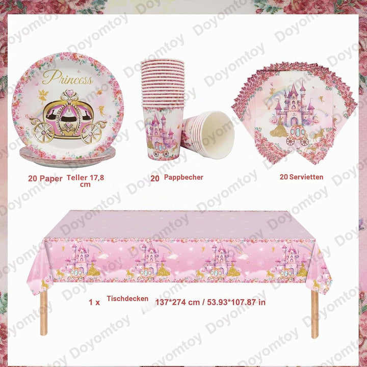 Doyomtoy Prinzessin Partygeschirr,Rosa Schloss Party Geschirr Set Prinzessin Schloss Cartoon-Geschir