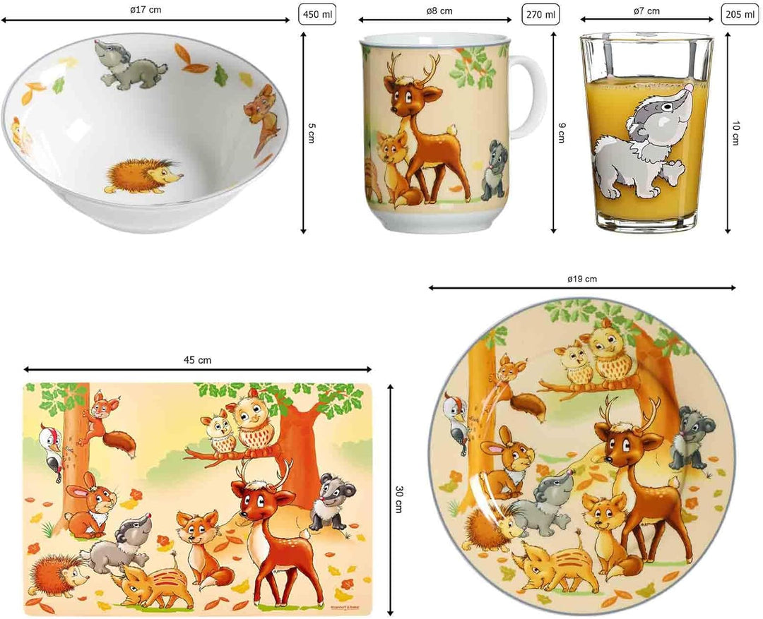 Ritzenhoff & Breker Kinder-Set Waldtiere 7-teilig, Porzellan-Kindergeschirr mit Schale Becher Teller