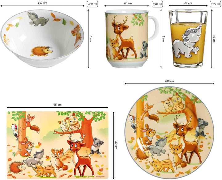 Ritzenhoff & Breker Kinder-Set Waldtiere 7-teilig, Porzellan-Kindergeschirr mit Schale Becher Teller