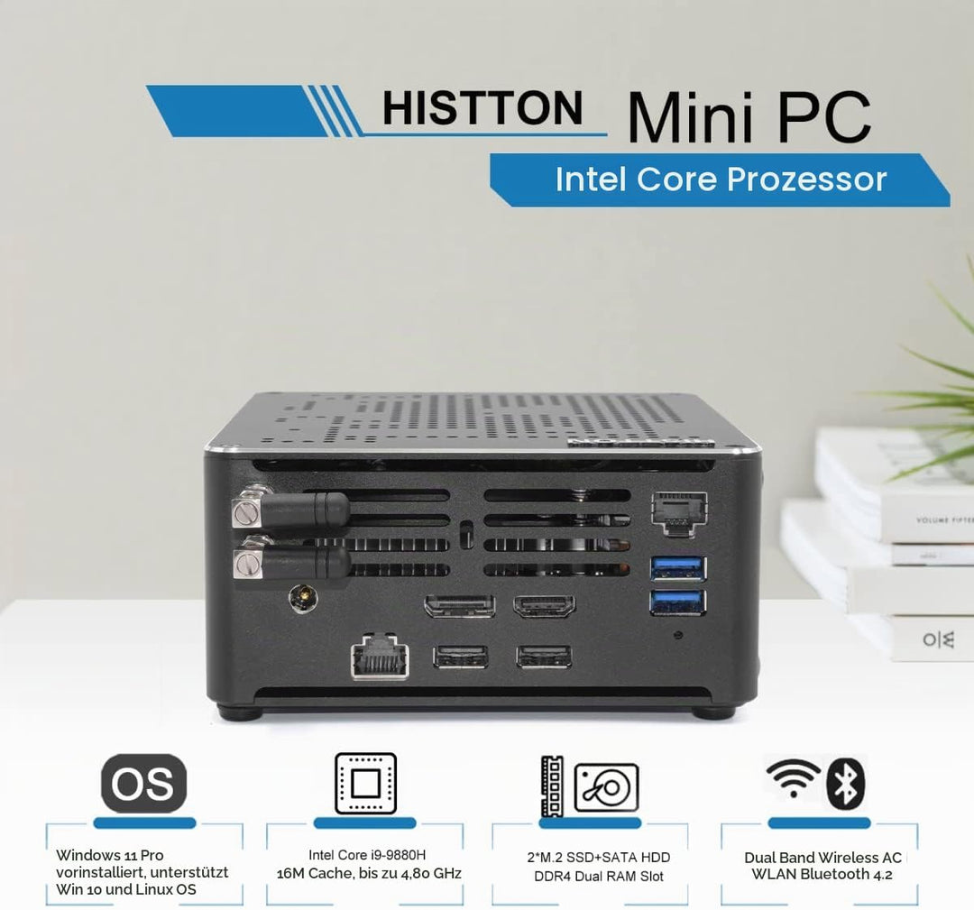 HISTTON NUC Mini PC Windows 11 Pro Intel Core i9-9880H Prozessor 64GB RAM 1TB M.2 SSD, Unterstützt S