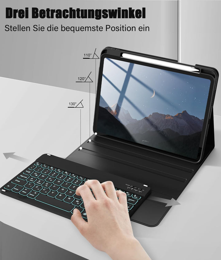 Hülle mit Tastatur für iPad A16 11/10 Generation (2025/2022,Schwarz | 7-Farben Beleuchtung Magnetisc