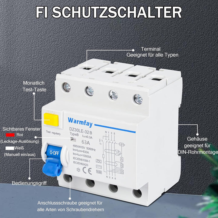 Warmfay FI Schutzschalter 63A 300mA Typ B, 4 Polig RCD Allstromintensiv Schalter Automat Sicherung,