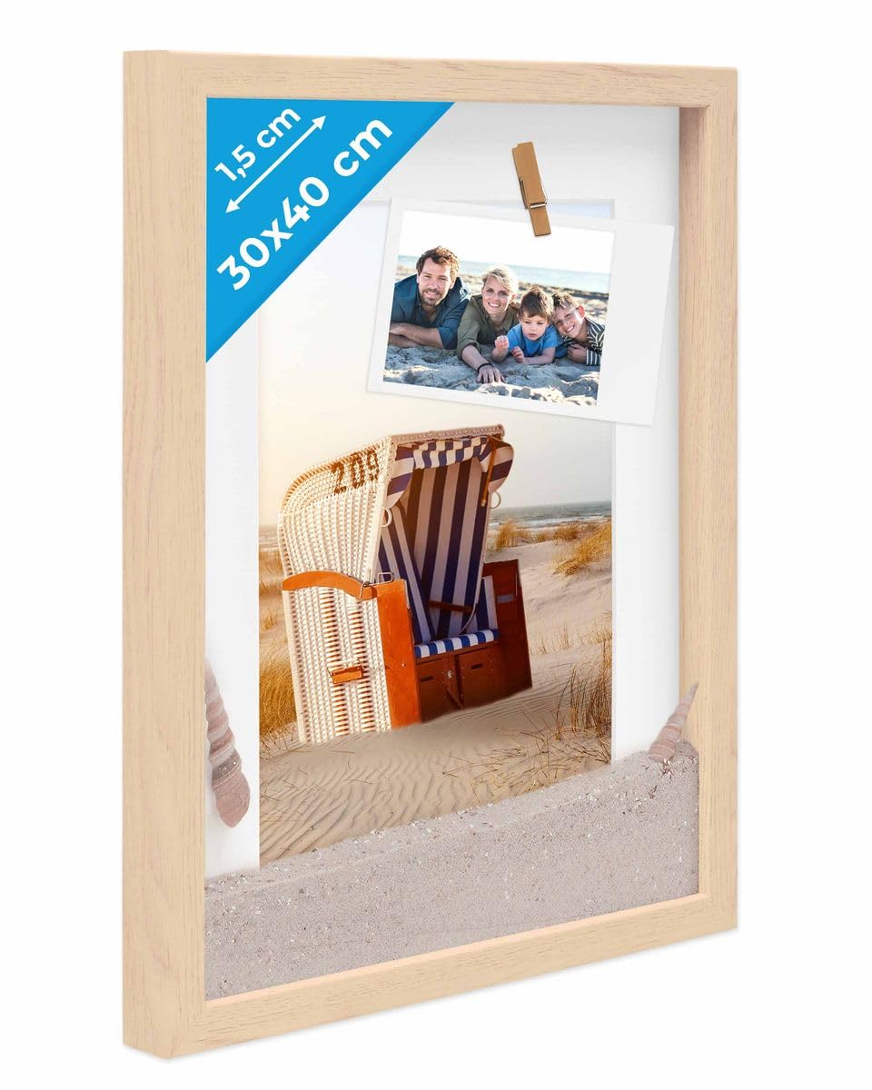 PHOTOLINI 3D Bilderrahmen zum Befüllen 30x40 Natur gross, 1,5 cm tiefer Objektrahmen mit Glas, tiefe