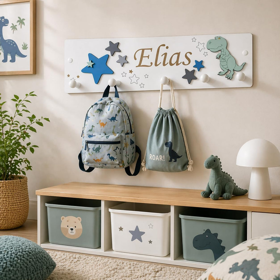 Kindergarderobe aus Holz mit Dino in mint und Sternen in grau, blau I Kinderzimmerdekoration I Mit W
