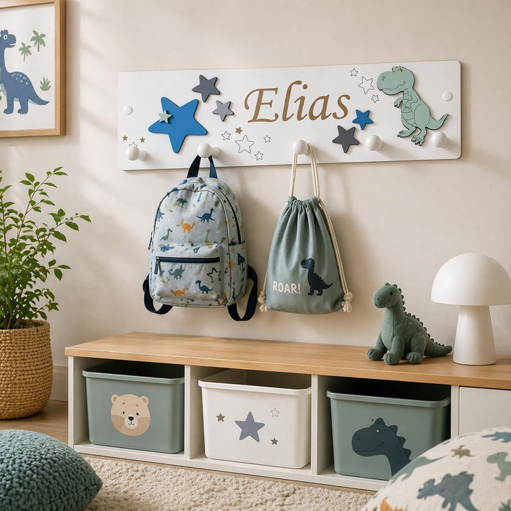 Kindergarderobe aus Holz mit Dino in mint und Sternen in grau, blau I Kinderzimmerdekoration I Mit W