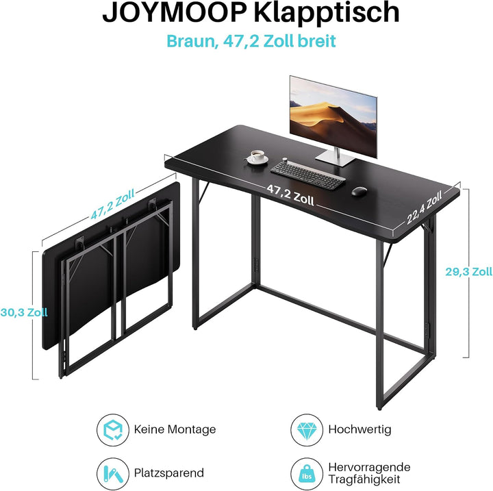JOYMOOP Klapptisch, Schwarz, 120 cm, Keine Montage, Kleiner Faltbarer Schreibtisch für Zuhause, Büro