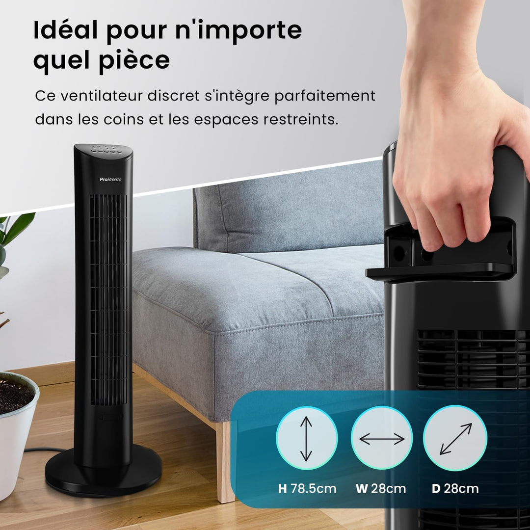 Pro Breeze Oszillierender Turmventilator - 76 cm Höhe, 70 Grad Oszillation, Säulenventilator mit 3 G
