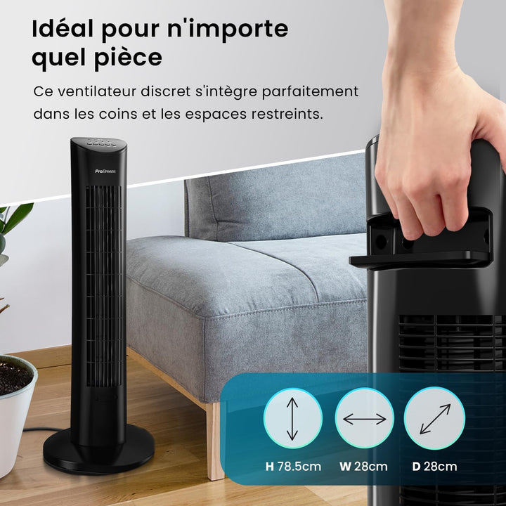 Pro Breeze Oszillierender Turmventilator - 76 cm Höhe, 70 Grad Oszillation, Säulenventilator mit 3 G
