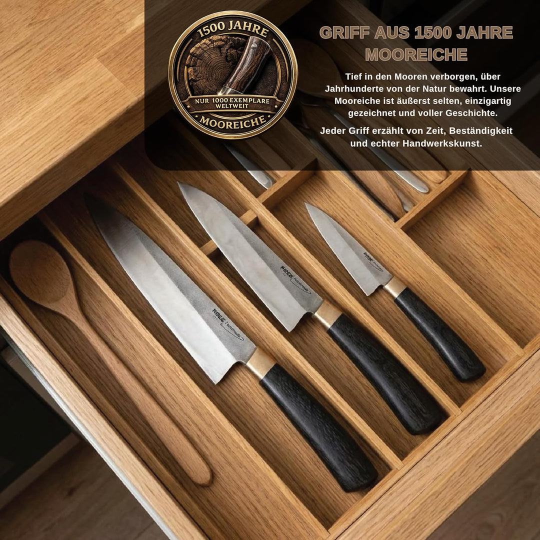 Pirge Handmade X KROP Küchenmesser | 18 cm Kochmesser | 60 HRC Edelstahl, 1500 Jahre altem Mooreiche