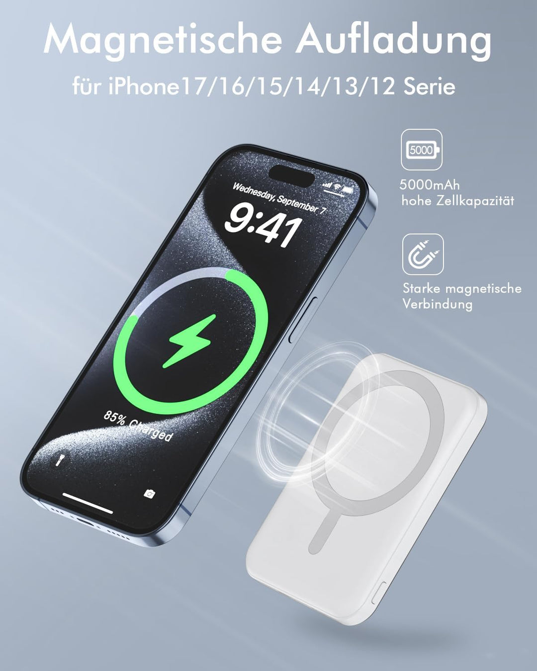 Podoru for Magsafe Powerbank iPhone 5000mAh, Wireless Power Bank mit Typ-C Kabel, Magnetisch Powerba