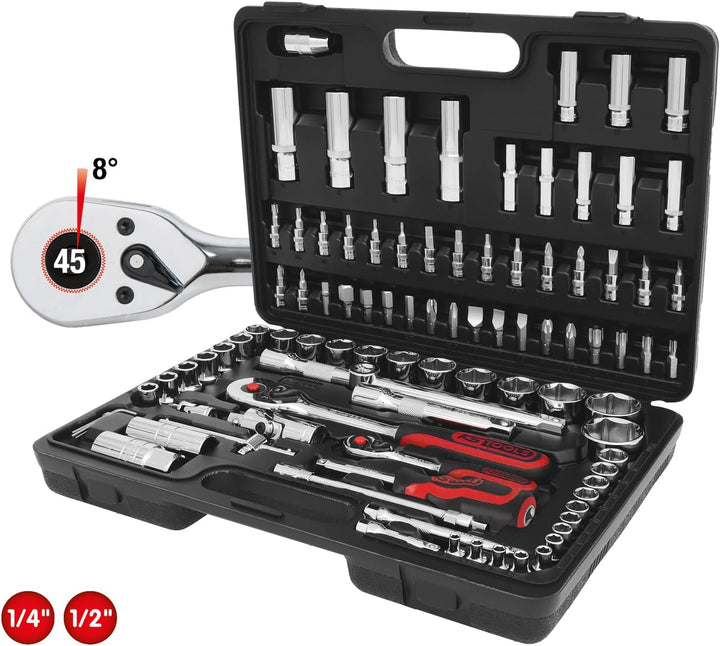 KS Tools 918.0796 1/4 Zoll + 1/2 Zoll CHROMEplus Steckschlüssel-Satz | mit 2 Umschaltknarren, 45-Zah