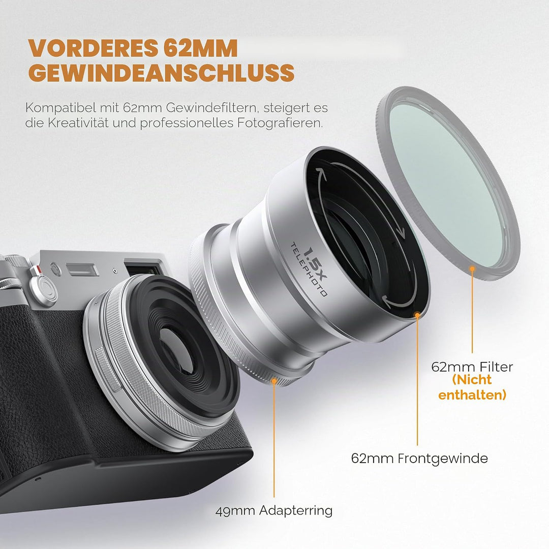 Freewell 1.5X Teleobjektiv Kompatibel mit Fuji X100VI X100V, Verbesserter Zoom und leichtes Design,