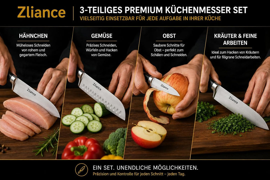 Messerset 3-teilig, japanischer High-Carbon Edelstahl, Ultra-Scharf, 20cm Kochmesser, 18cm Santoku,