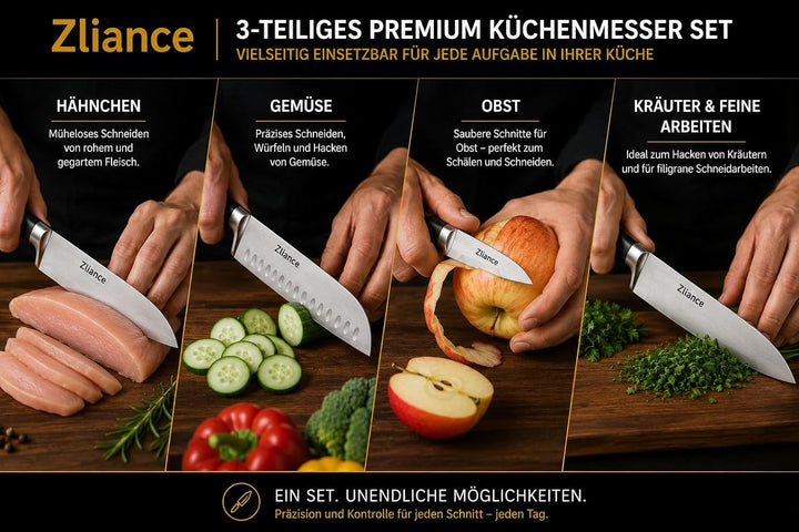 Messerset 3-teilig, japanischer High-Carbon Edelstahl, Ultra-Scharf, 20cm Kochmesser, 18cm Santoku,
