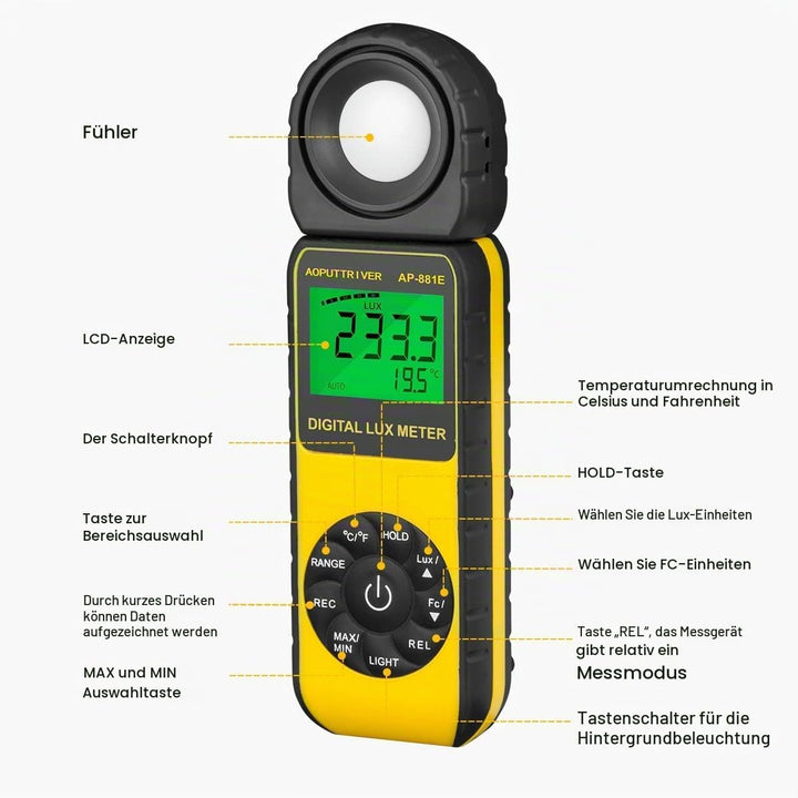 AOPUTTRIVER AP-881E Belichtungsmesser, Digitale Luxmeter, Lichtmessung Photometer 300,000 Lux mit Da