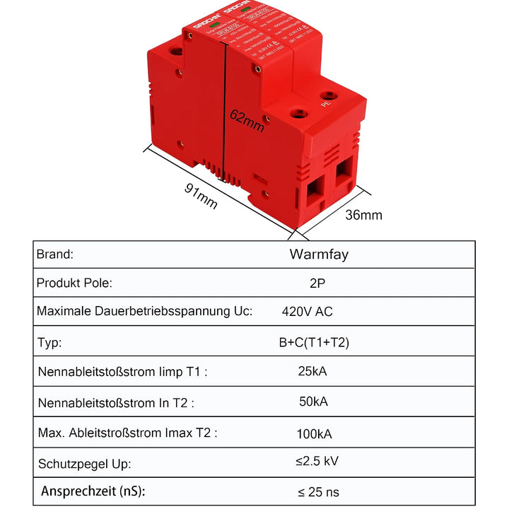Warmfay Überspannungsschutz PV B+C(T1+T2) 2P 25-100KA, 420V DC Photovoltaic Lightning Protector Nied