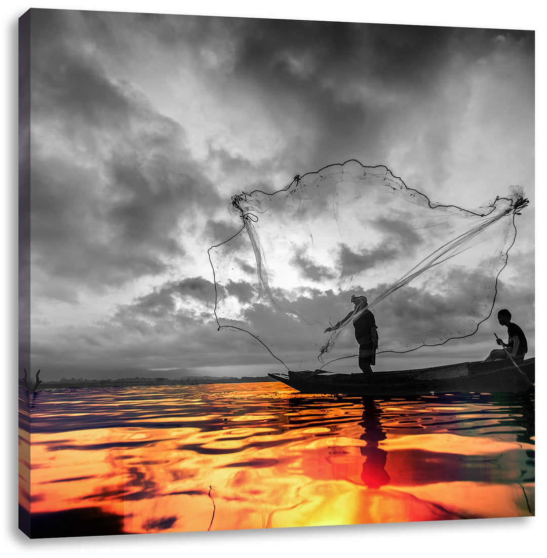 Pixxprint Angler mit grossem Fangnetz als Leinwandbild/Grösse: 70x70 cm/Wandbild/Kunstdruck/fertig b