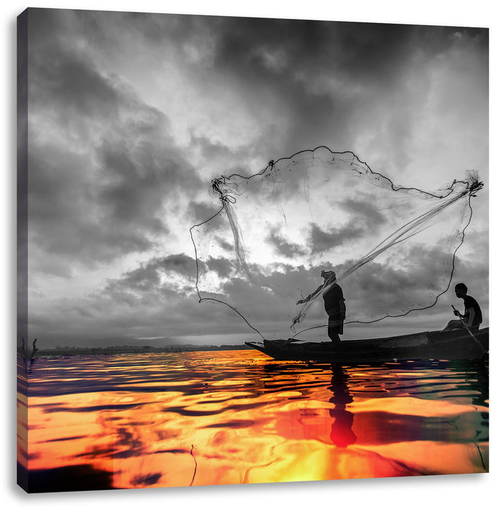 Pixxprint Angler mit grossem Fangnetz als Leinwandbild/Grösse: 70x70 cm/Wandbild/Kunstdruck/fertig b