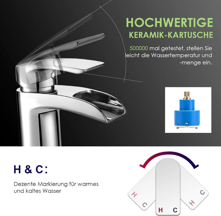 Design Wasserfall Wasserhahn Chrom Waschtischarmatur Einhebelmischer-Waschtischbatterie Bad Armatur