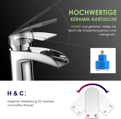 Design Wasserfall Wasserhahn Chrom Waschtischarmatur Einhebelmischer-Waschtischbatterie Bad Armatur