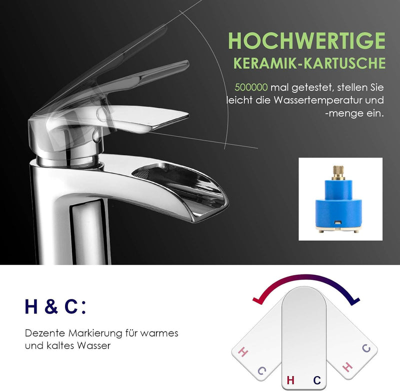 Design Wasserfall Wasserhahn Chrom Waschtischarmatur Einhebelmischer-Waschtischbatterie Bad Armatur