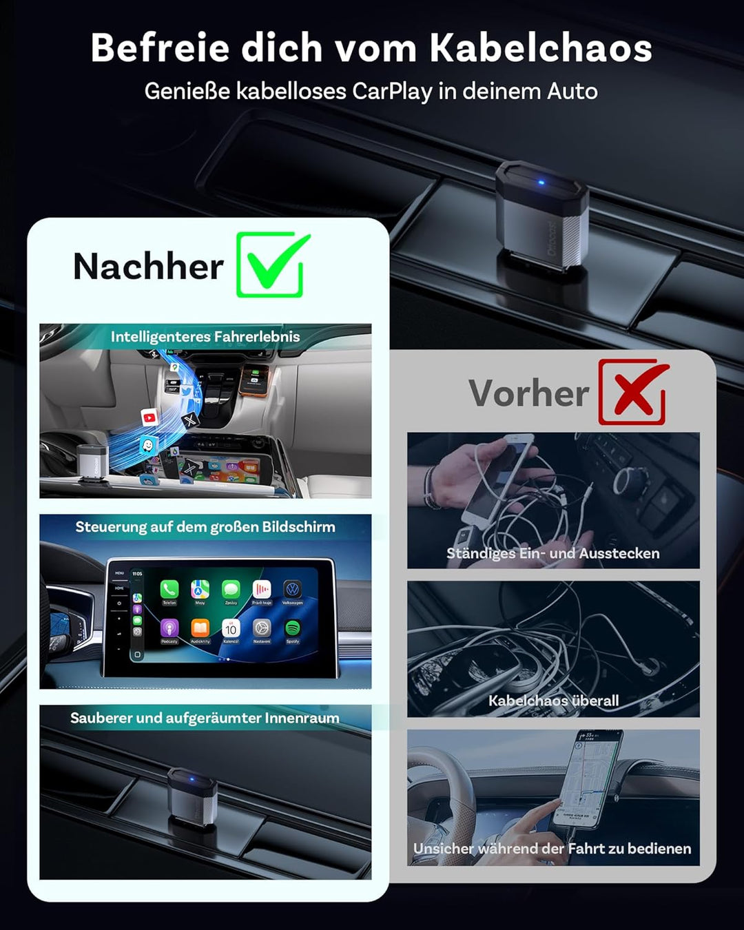 2026 Ottocast Mini Nova, Kabelloser CarPlay & Android Auto Adapter, Plug & Play USB, Automatische Ve